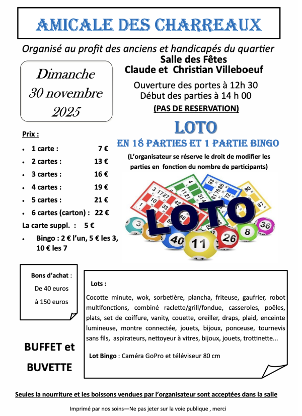 L'Amicale des Charreaux organise son loto ce dimanche 