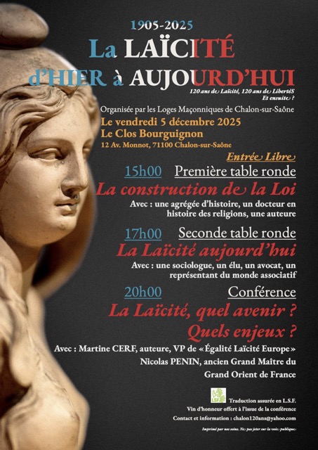 1905-2025 - La laïcité d'hier à aujourd'hui - les loges maçonniques de Chalon vous invitent ce vendredi 
