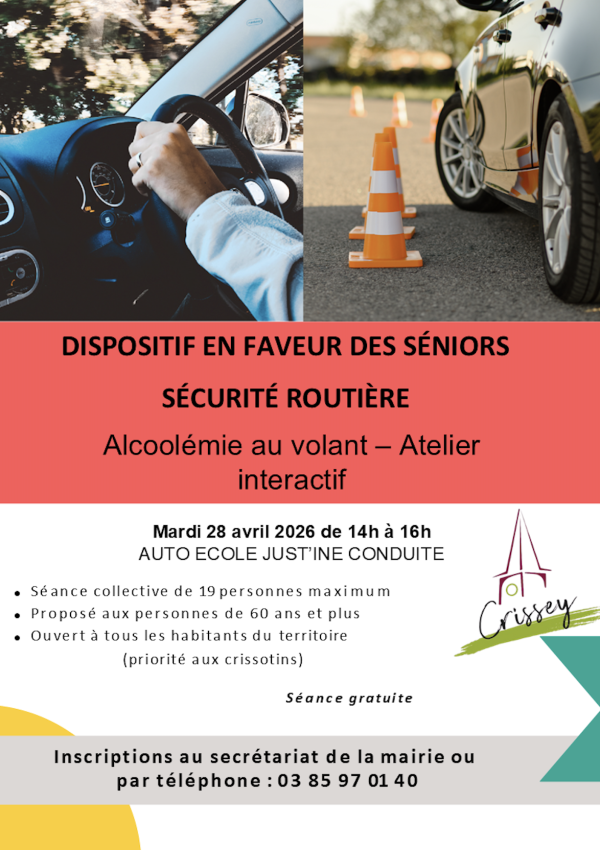 Sécurité routière - Un atelier proposé aux seniors - mardi 28 avril à Crissey