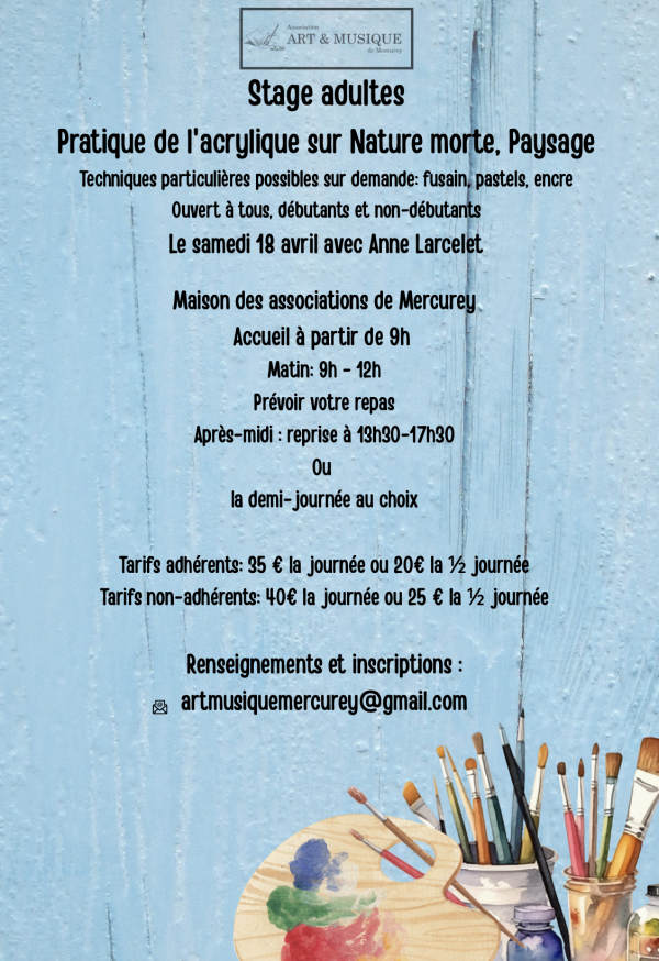 Stage adulte acrylique sur nature morte/paysage proposé par l'association Art et Musique 