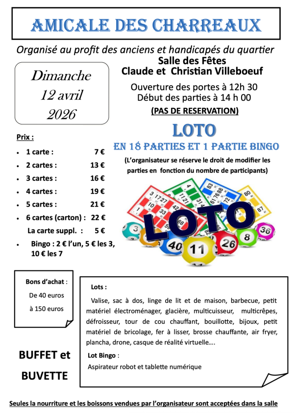 L'Amicale des Charreaux propose son loto le Dimanche 12 avril 