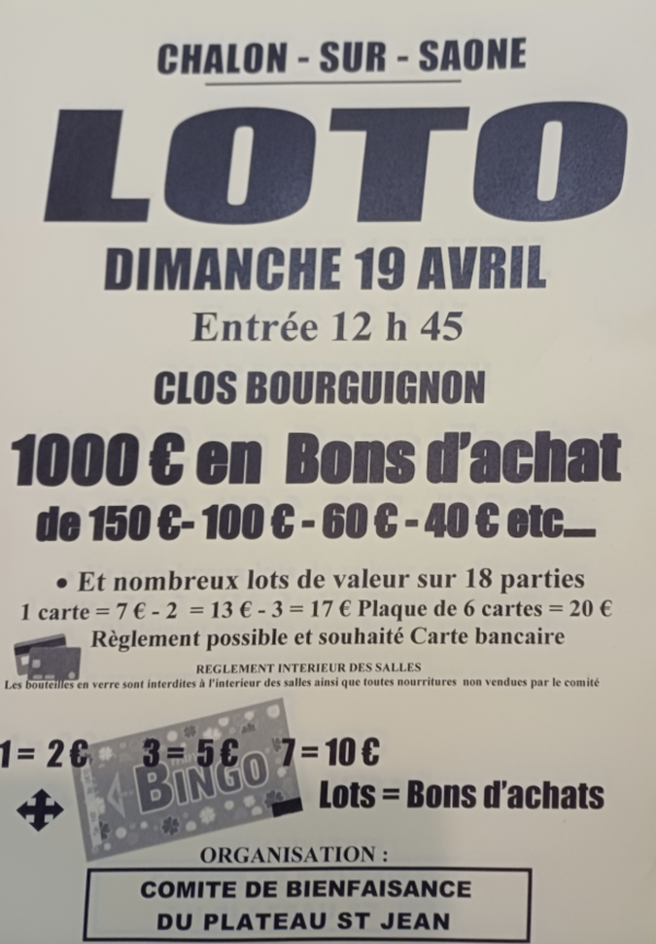 Le Comité de bienfaisance du Plateau Saint Jean organise son loto ce dimanche 