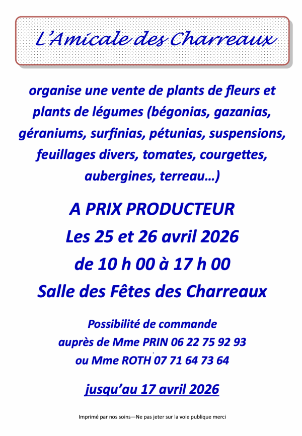 Vente de fleurs et plants de légumes par l'Amicale des Charreaux 