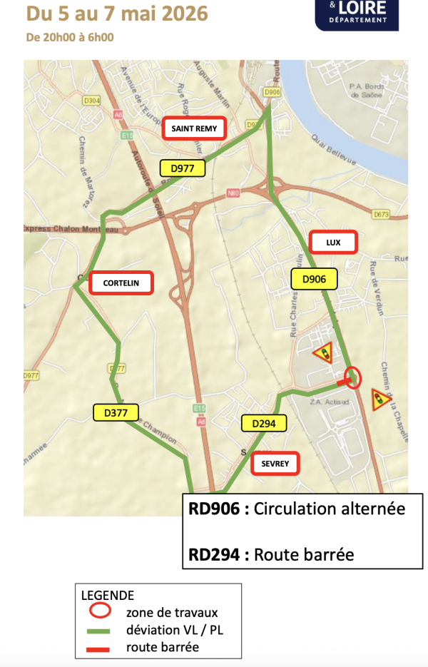 RD 906/RD 294 – Communes de Sevrey et Lux  Travaux de réfection de la couche de roulement avec des perturbations du 5 au 7 mai 