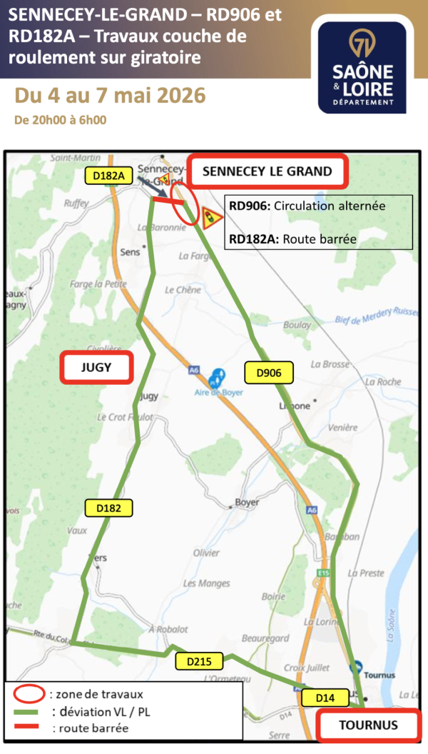 RD 906/RD 182A – Commune de Sennecey-Le-Grand Travaux de réfection de la couche de roulement - Des perturbations annoncées début mai 