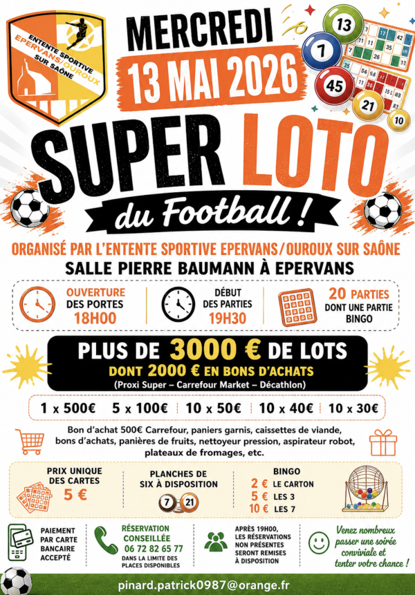 Le super-loto de l'Entente sportive Epervans/Ouroux sur Saône se joue le 13 mai 