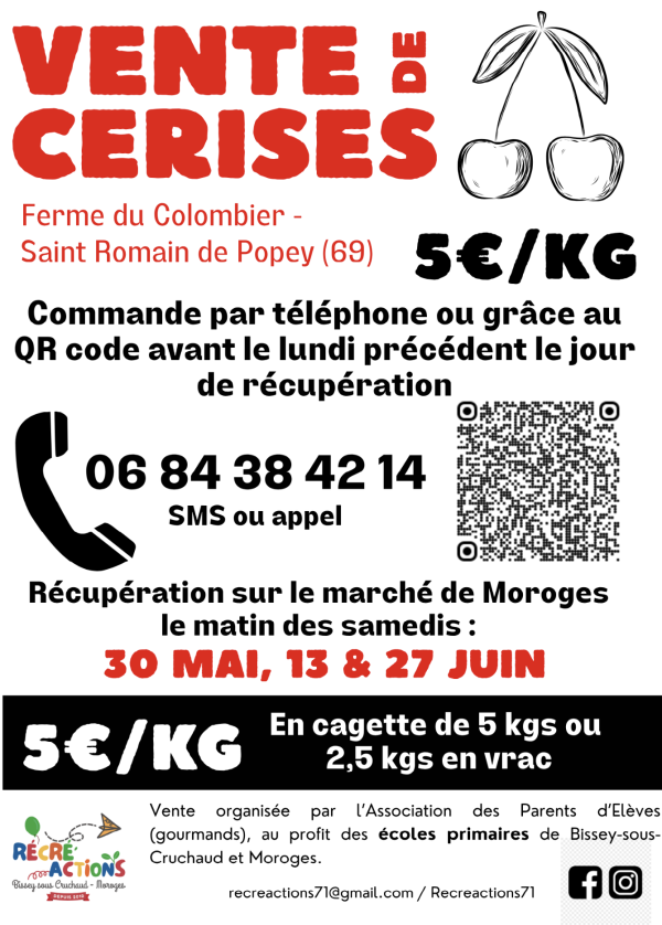 L'association Récréactions organise une VENTE DE CERISES  sur le marché de Moroge