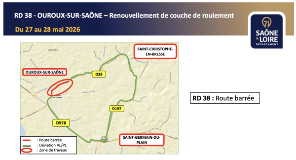 RD 38 – Commune d’Ouroux-sur-Saône  Travaux de renouvellement de couche de roulement - Attention des perturbations les 27 et 28 mai 