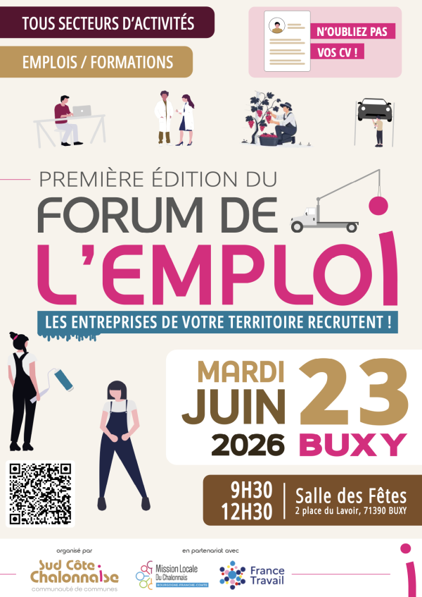 La Communauté de Communes Sud Côte Chalonnaise organise la première édition du Forum de l'Emploi, en partenariat avec la Mission Locale du Chalonnais, le Comité Local pour l'Emploi et France Travail.