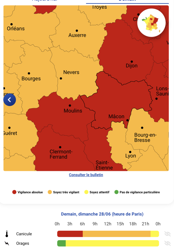 CANICULE - La Saône et Loire repasse en vigilance orange à compter de 6h ... puis en jaune dans la même journée 