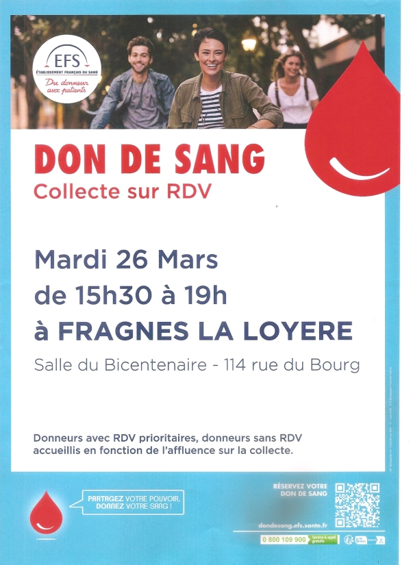 Collecte de sang le 26 mars à Fragnes-La Loyère