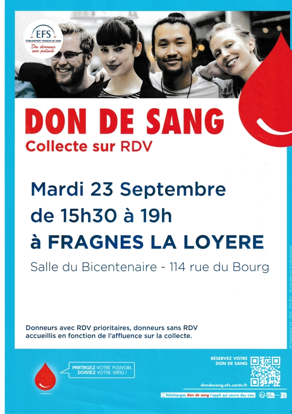 Collecte de sang le mardi 23 septembre à Fragnes-La Loyère 
