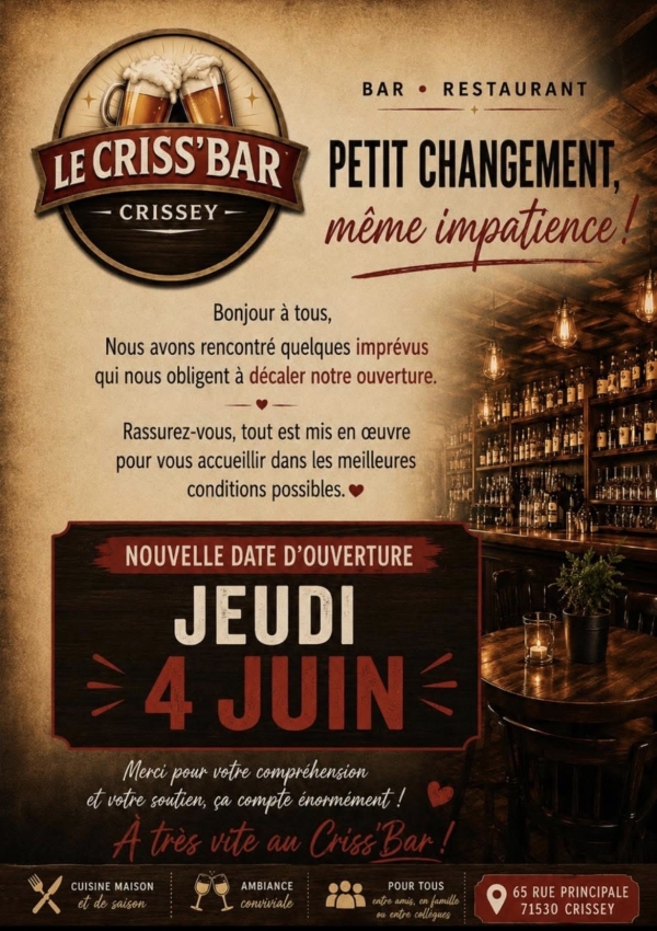 Crissey - Ouverture du CRISS'BAR le 4 juin 