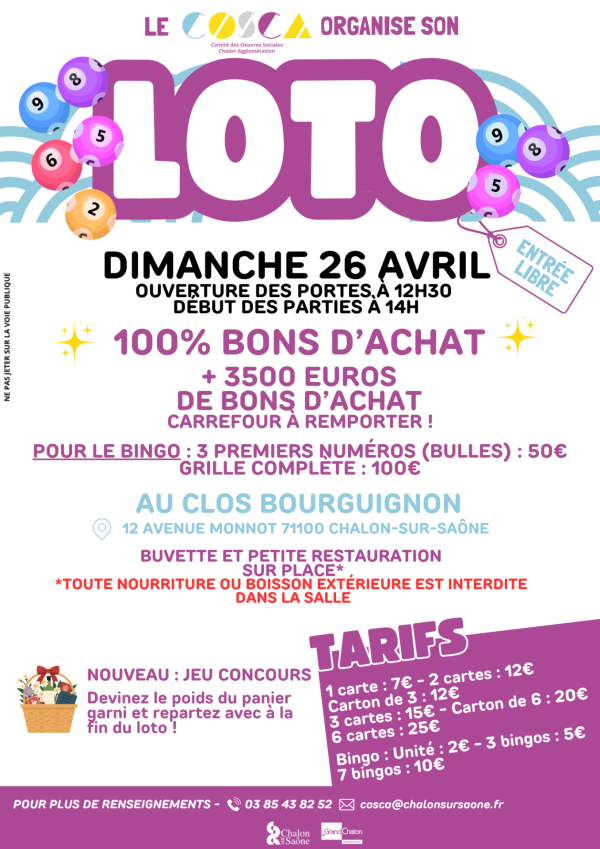 Le loto du COSCA de Chalon est annoncé le 26 avril 