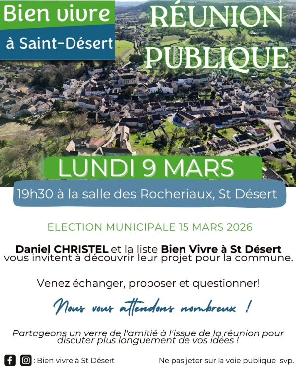 MUNICIPALES 2026 - SAINT-DESERT - Daniel Christel et Bien vivre à Saint-Désert annoncent une réunion publique 