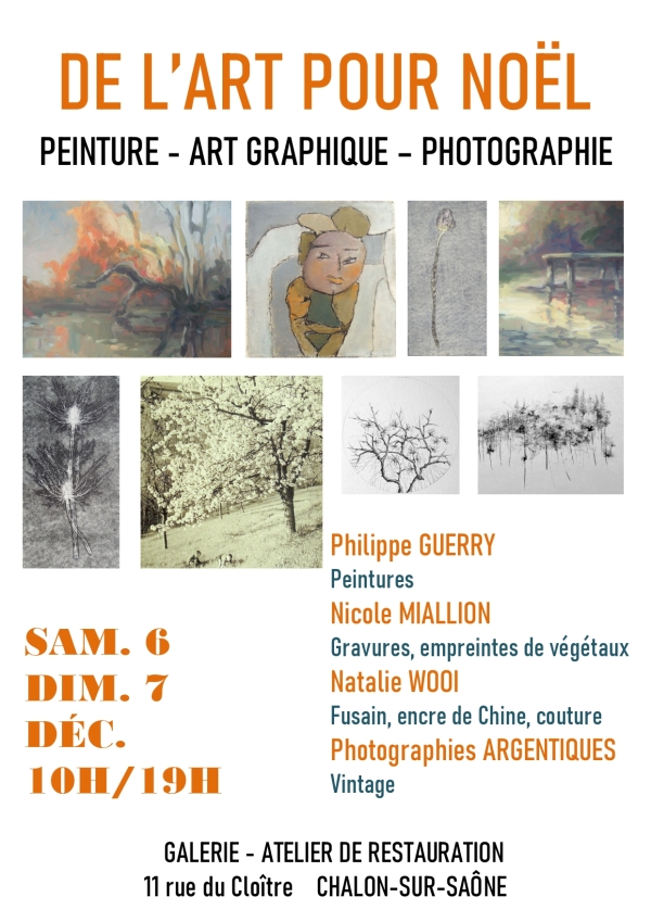 Le week-end du 6 et 7 décembre l'ATELIER-GALERIE accueillera exceptionnellement une EXPO-VENTE des œuvres de 3 artistes. 