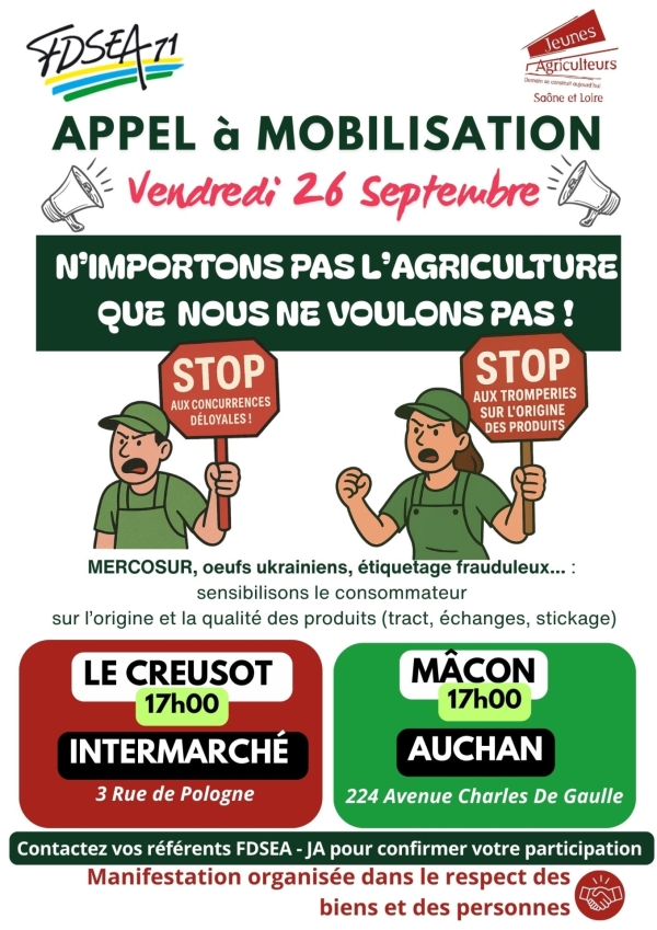 Journée de mobilisation le 26 septembre pour les agriculteurs affiliés à la FDSEA 
