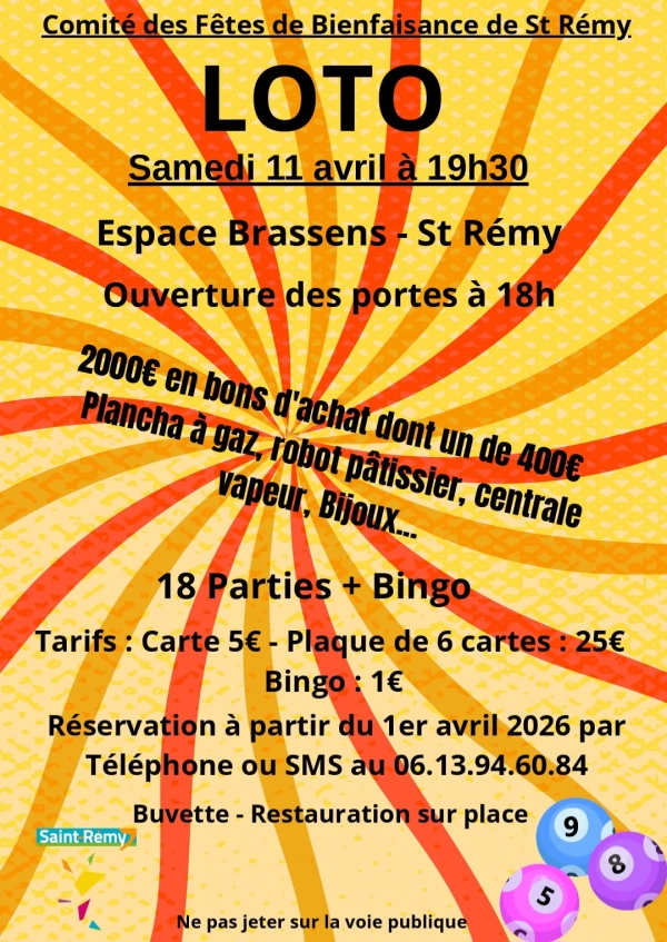 Loto du Comité de bienfaisance de Saint-Rémy ce samedi à l'Espace Brassens 