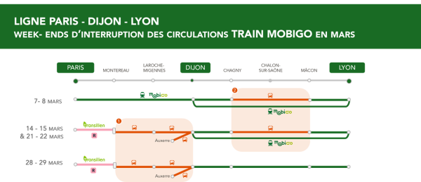Lors des week-ends de mars, l’offre TRAIN Mobigo sera adaptée sur la ligne Paris - Dijon - Lyon.