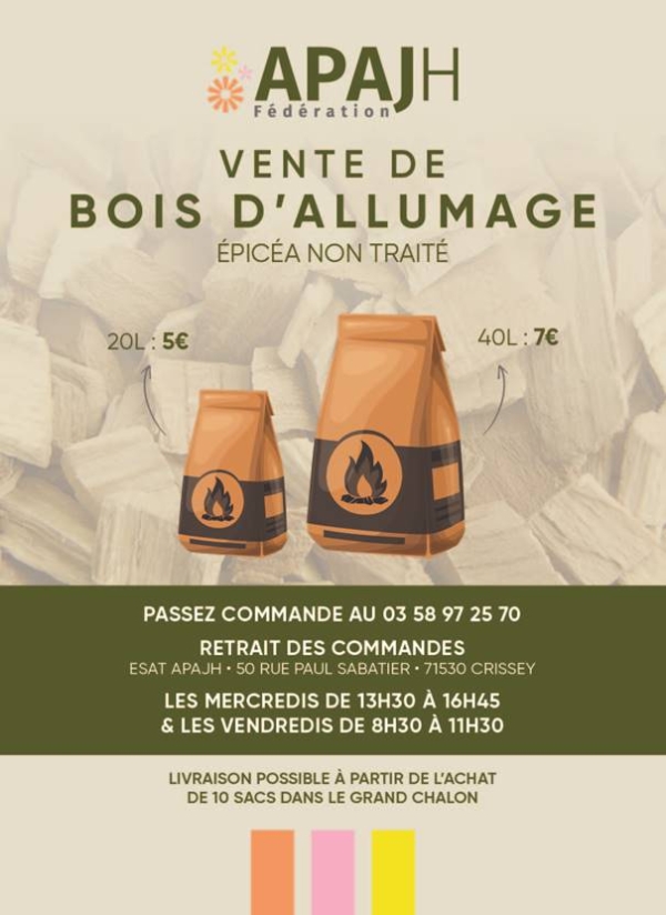 L’ESAT APAJH de Crissey  vend des sacs de bois d’allumage – Epicéa Non Traité -