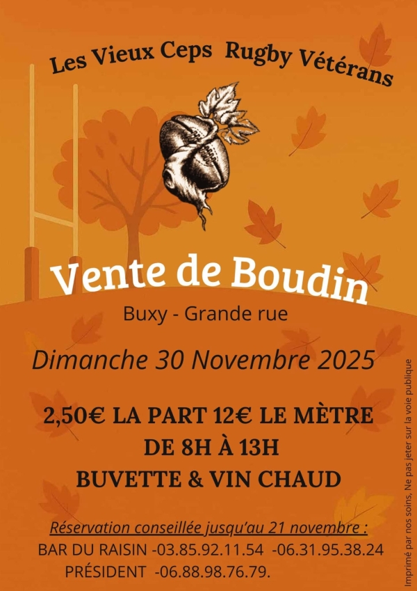 Le rugby vétérans de Buxy organise une vente de boudin le 30 novembre