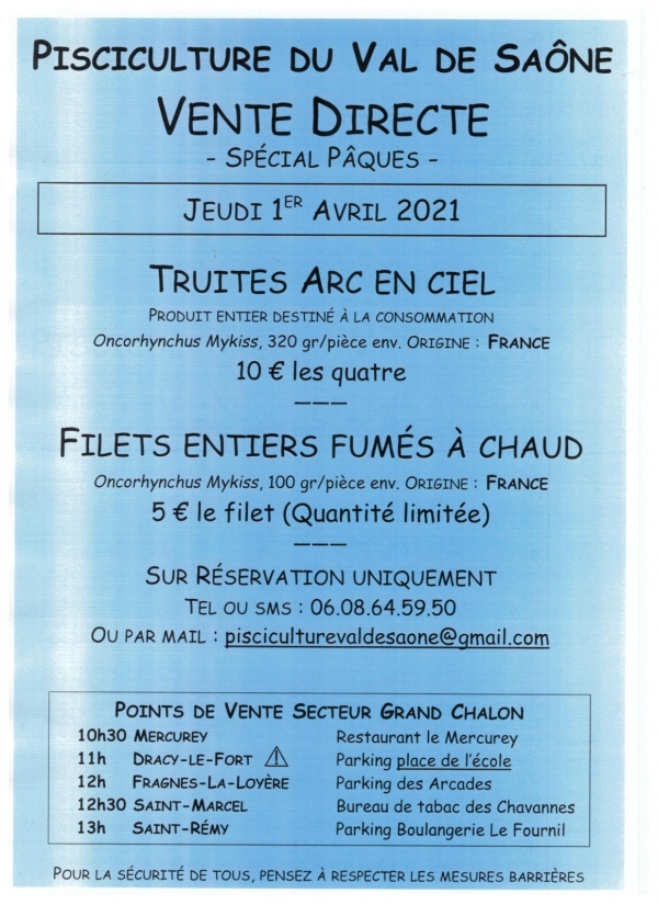 VENTE TRUITES FRAICHES + filets fumés  - 5 points de livraison sur le Chalonnais jeudi prochain  ! 