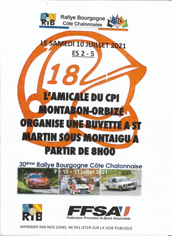 RALLYE DE LA COTE CHALONNAISE - L'Amicale du CPI Montabon-Orbize vous attend à sa buvette 