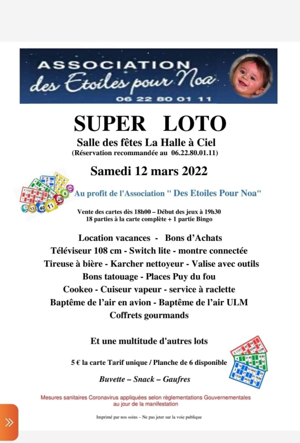 Loto ce samedi au profit de l'association des Etoiles pour Noa