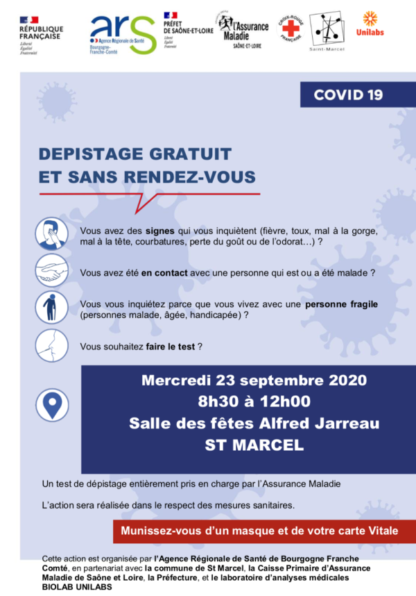 CORONAVIRUS - Séance de dépistage gratuite et sans rendez-vous ce mercredi à Saint-Marcel