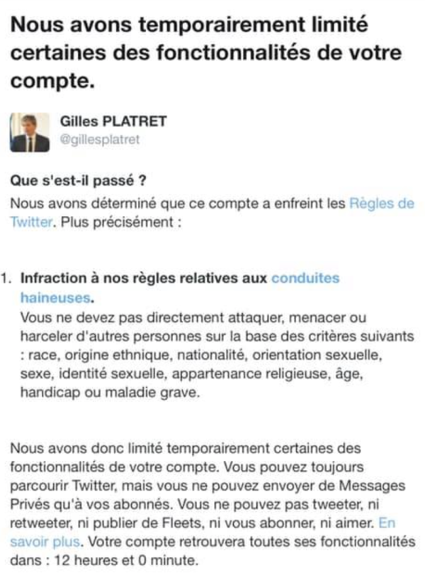 Gilles Platret suspendu de Twitter pendant 12 heures