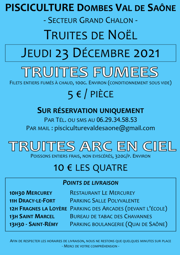 VENTE DE TRUITES arc en ciel et TRUITES FUMEES - Dernière vente de l'année.. annoncée pour le 23 décembre 