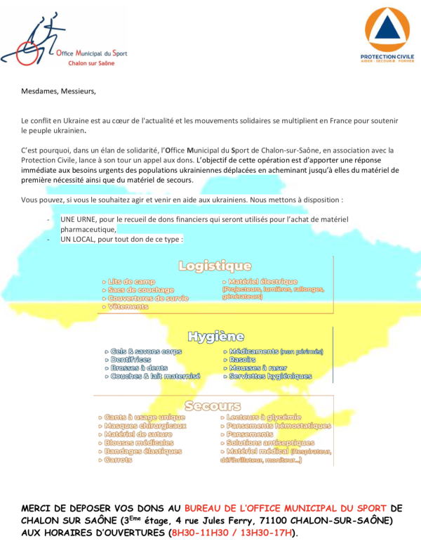 UKRAINE - L'Office Municipal du Sport lance un appel à la solidarité des clubs et associations de Chalon