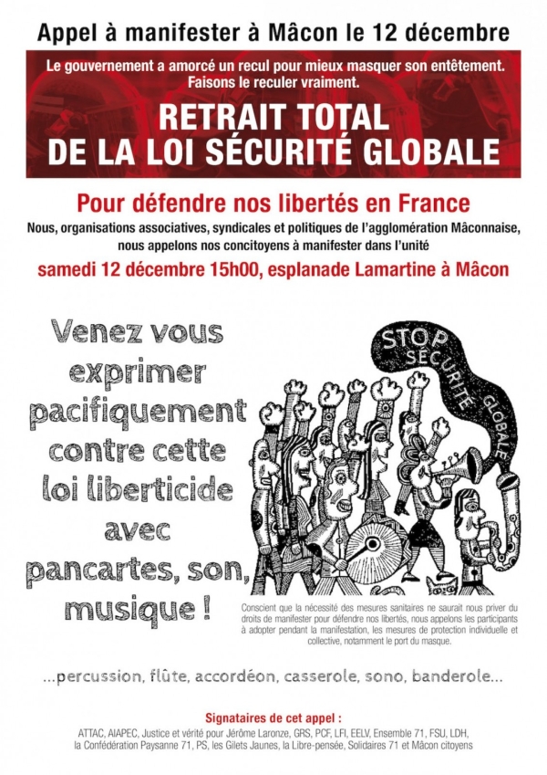 Une manifestation pour le retrait de la loi sécurité, samedi à Mâcon
