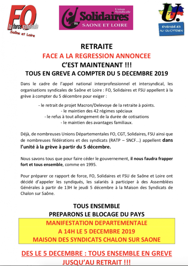 GREVE DU 5 DECEMBRE - FO + Solidaires + FSU appellent à la mobilisation à Chalon sur Saône 