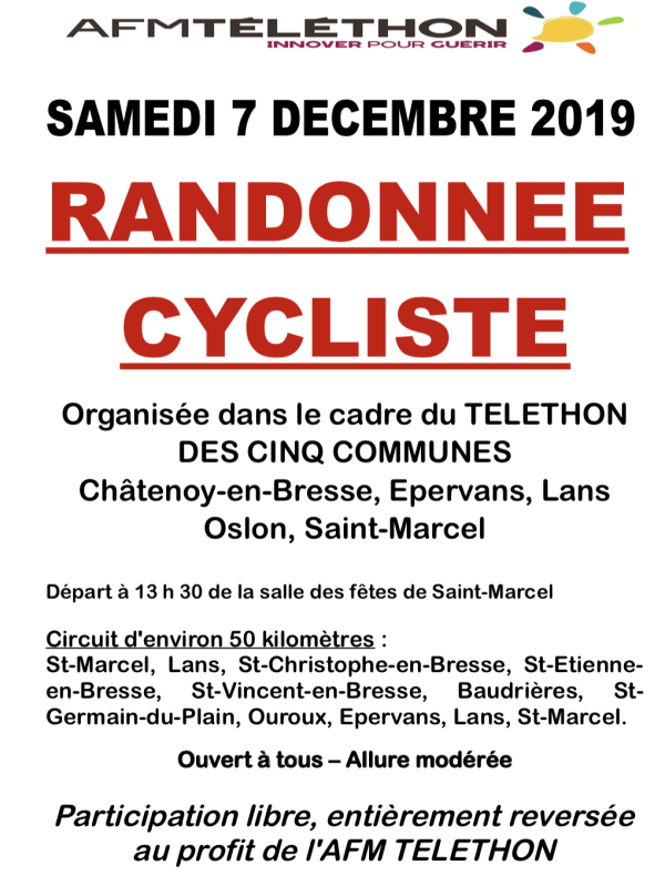 TELETHON 2019 - Randonnée cycliste des 5 communes ce samedi 