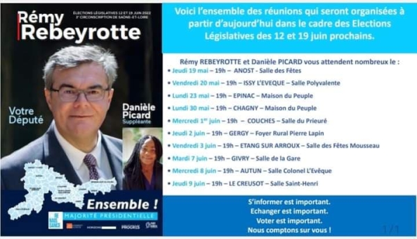 LEGISLATIVES - 3e circonscription de Saône et Loire - Les réunions publiques du candidat Rémy Rebeyrotte 