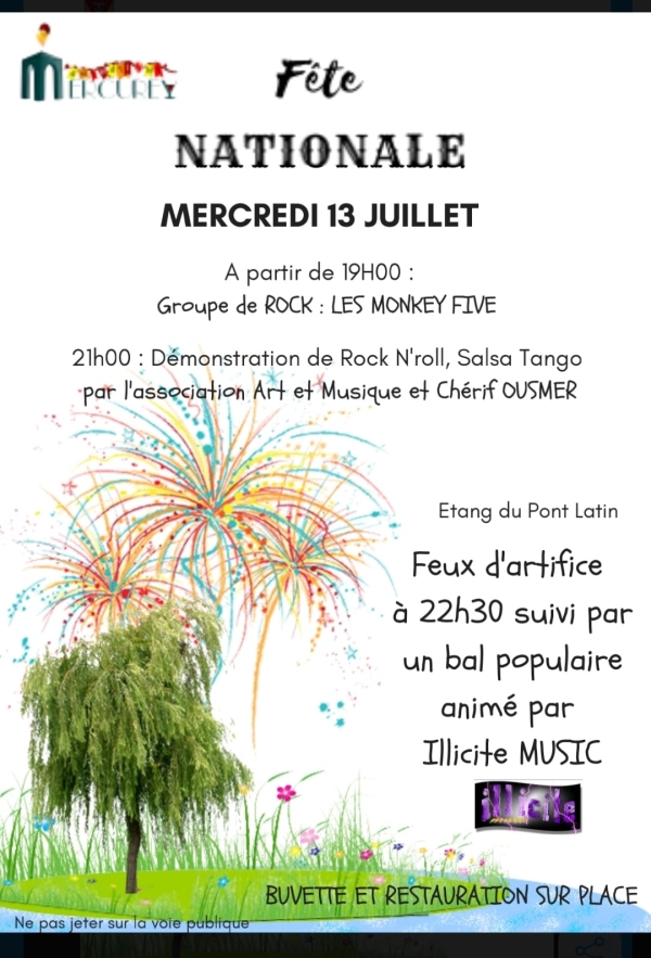 FETE NATIONALE - Mercurey Animations vous donne rendez-vous le 13 juillet à l'étang du Pont Latin 