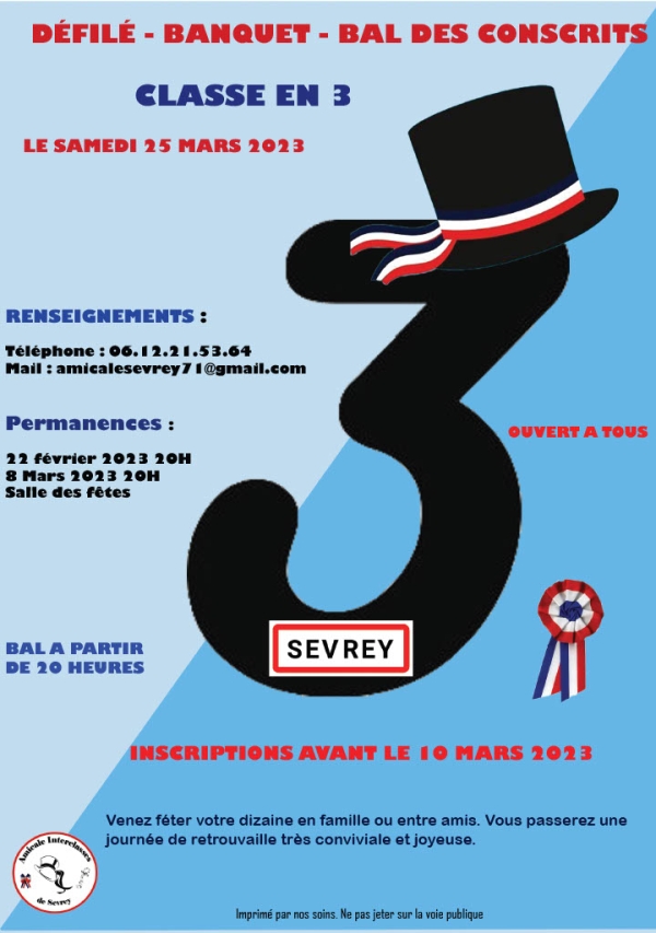 Le samedi 25 mars, l’amicale Interclasses de Sevrey organise son traditionnel banquet des conscrits.