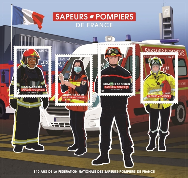 Le 27 juin 2022, La Poste émet un bloc de timbres sapeurs- pompiers de France à l’occasion des 140 ans de la Fédération nationale.