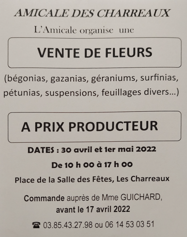 L'Amicale des Charreaux vous donne rendez-vous pour la traditionnelle vente de fleurs de printemps