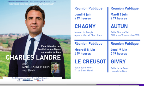 LEGISLATIVES - 3e circonscription de Saône et Loire - 4 réunions publiques pour Charles Landre (LR-UDI-NC)