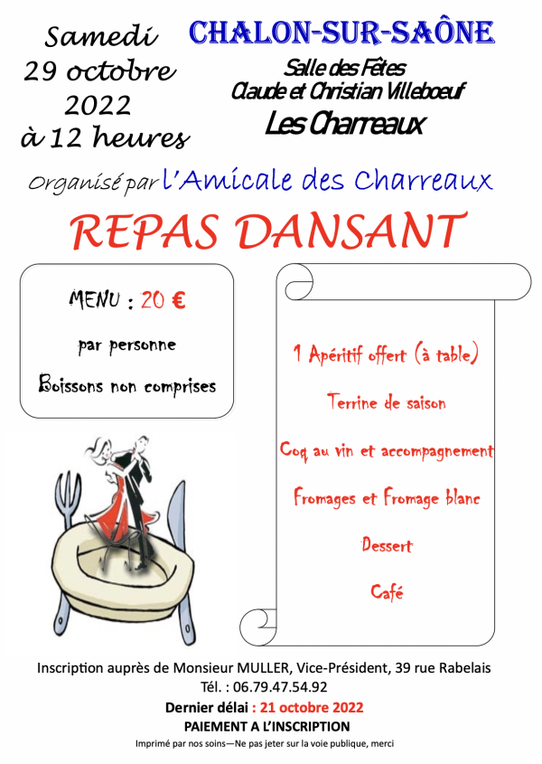 Il est encore temps de vous inscrire au repas-dansant des Charreaux 