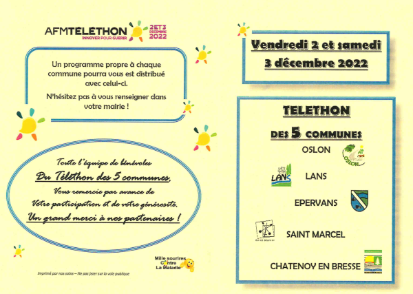 TELETHON - Lans, Oslon, Châtenoy en Bresse, Saint-Marcel, Epervans - Le programme 