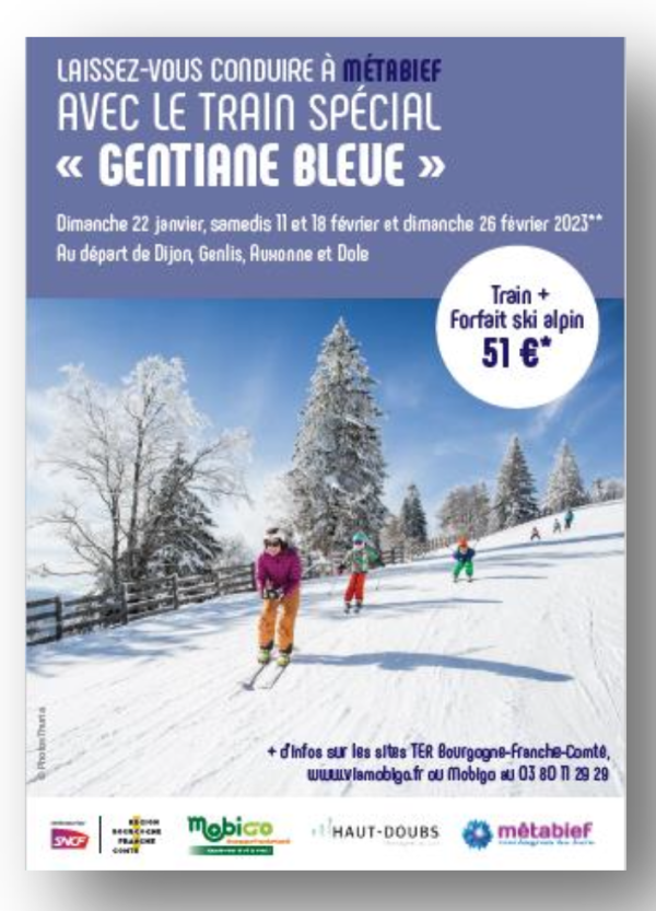 La Région Bourgogne-Franche-Comté et la SNCF proposent une journée neige à Métabief à prix réduit avec le train spécial « La Gentiane Bleue ».