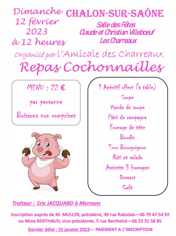 Le repas cochonnaille de l'Amicale des Charreaux est annoncé