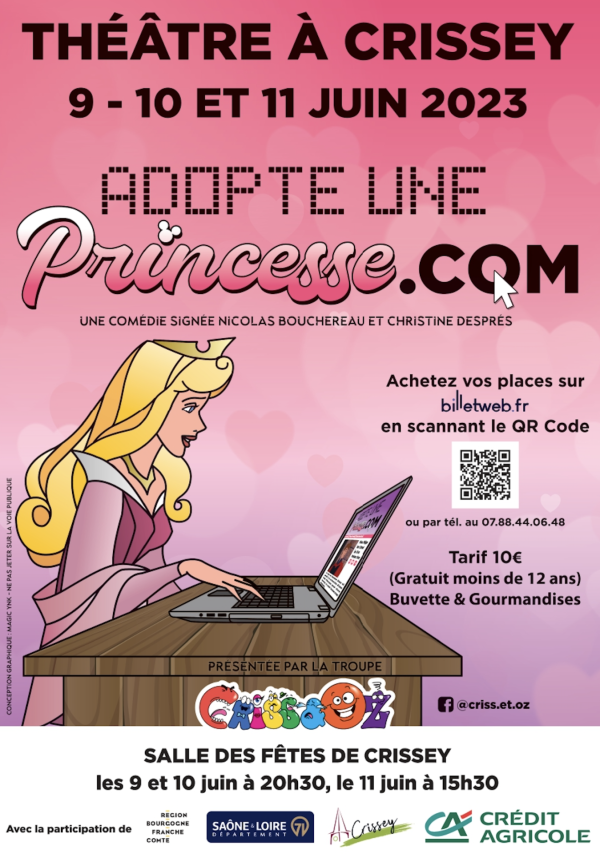 A Crissey, les 9,10 et 11 juin, c'est soirée théâtre avec "Adopteuneprincesse. Com »,