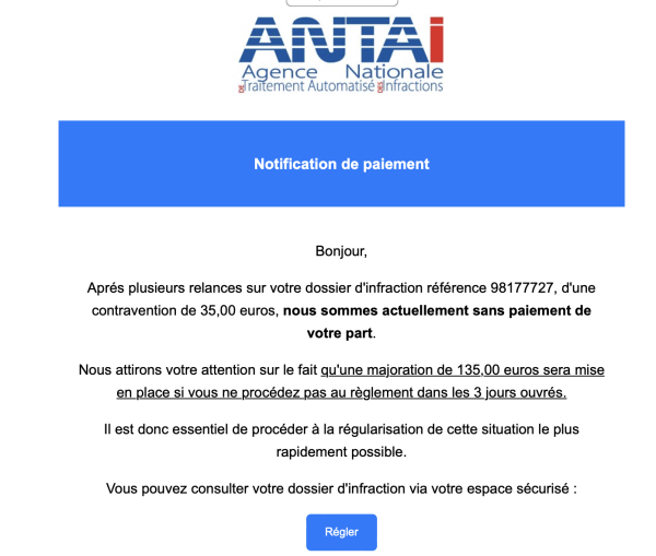 La dernière arnaque dans vos boites mails... le retard de paiement d'une infraction routière 