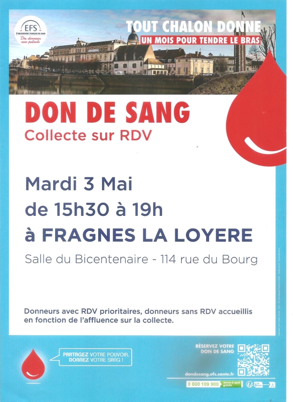 Collecte de sang le 3 mai à Fragnes-La Loyère 