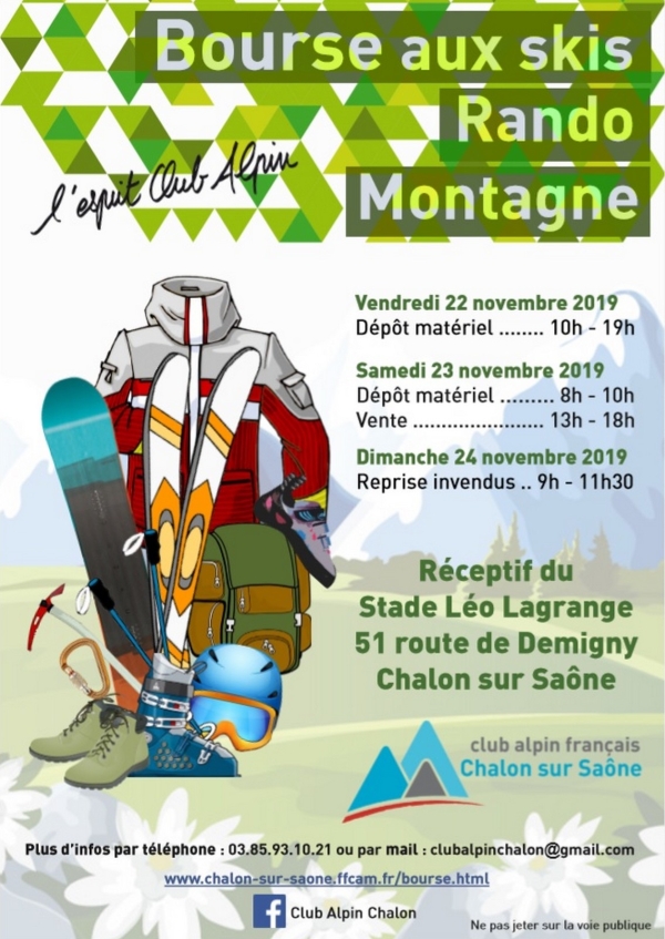 A noter sur votre agenda : Samedi 23 novembre : Bourse aux skis organisée par le Club Alpin Français de Chalon s/Saône