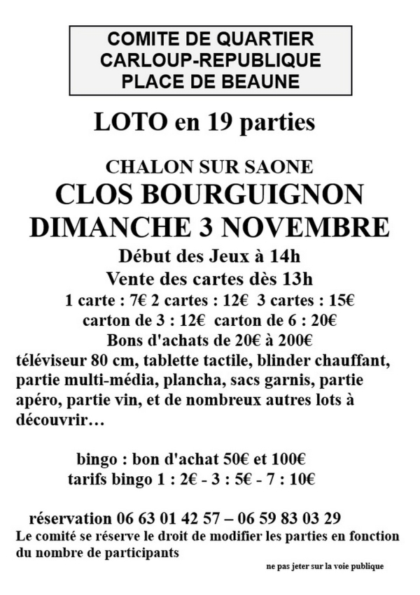 Dimanche 3 novembre : Loto du comité de quartier Carloup/République/Place de Beaune